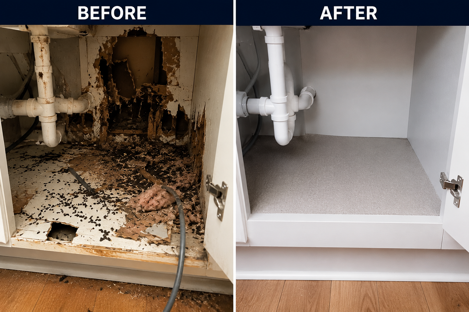 before and after photo of a rat removal process in a bend home